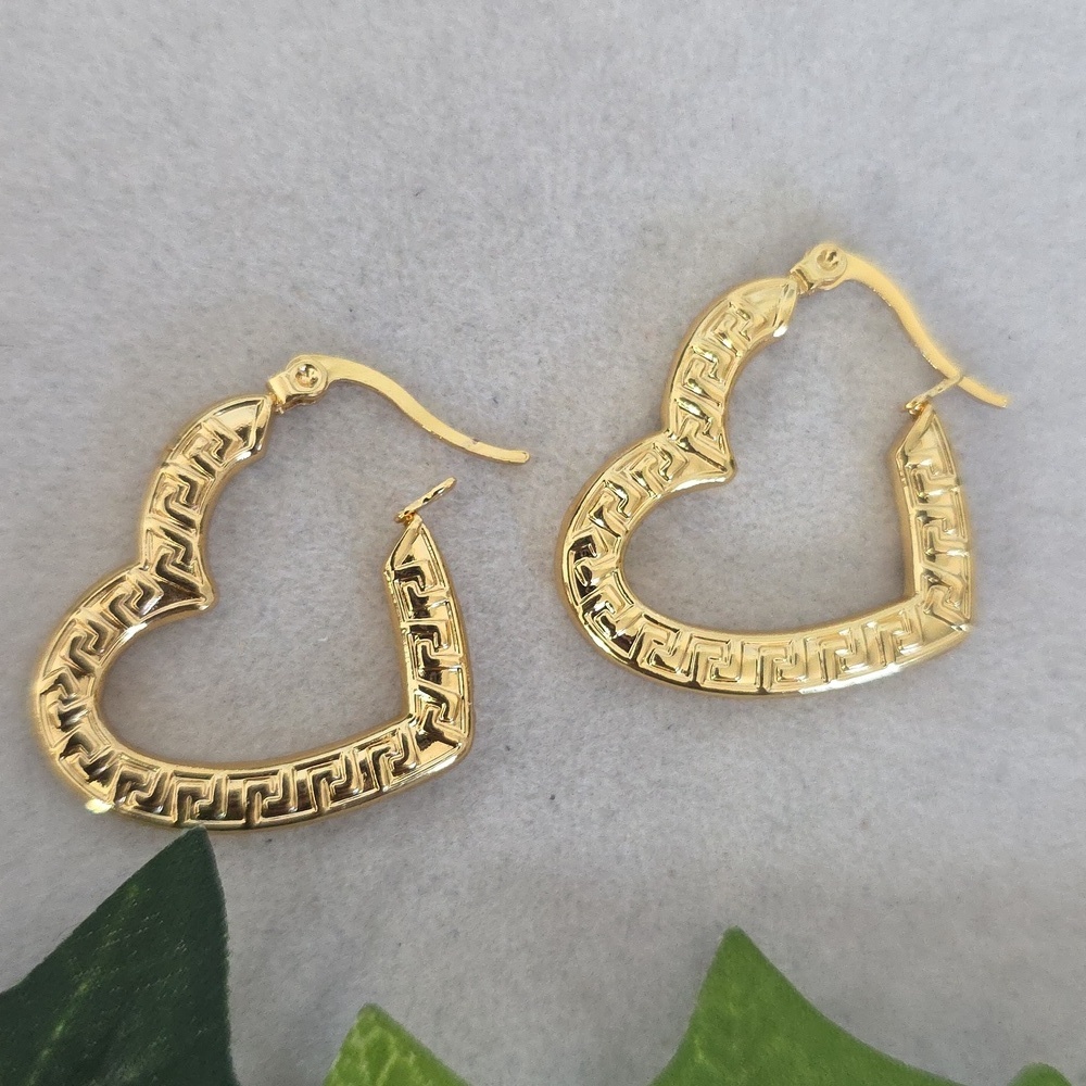 Gold Stainless Steel Hoop Earrings Heart Shape With Greek Key Design